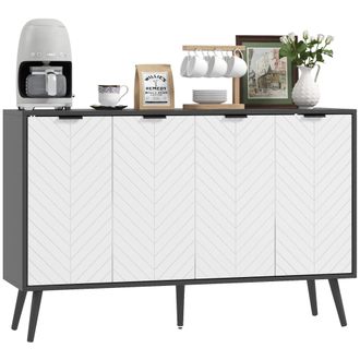 HOMCOM Homcom Aparador De 4 Puertas, Aparador De Sal&oacute;n Con Estantes Ajustables, Patas De Madera, Patr&oacute;n Espiga, Para Cocina, Blanco Y Negro, 120x35x77,4 Cm