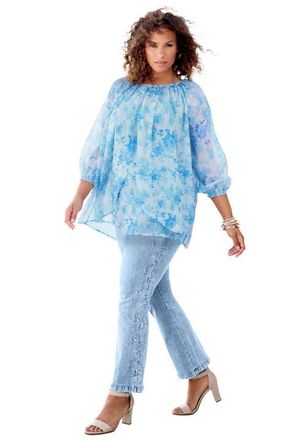 Roaman's Blouson Sleeve Overlay Blouse in Pale Blue Small Garden at Nordstrom, Size 24
