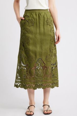 Farm Rio Majestic Garden Embroidered Eyelet Linen Midi Skirt in Green at Nordstrom, Size Xx-Small