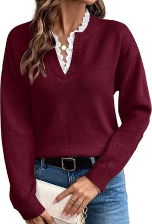 Generic Jumpers for Women Casual Long Sleeve Tops V Neck Knit Pullover Sweater Fashion Lace Trim Lightweight Tunic Shirt Elegant Soft Warm Tunics Cosy Blouse 