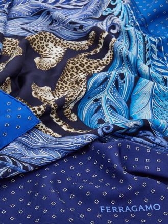 Ferragamo Feather and Leopard Print Silk Scarf - Blue