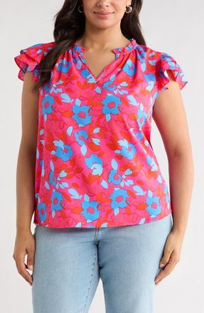 Sugarlips Lusma Floral Bellissima Ruffle Top in Fuchsia-Blue-Multi at Nordstrom, Size 2 X