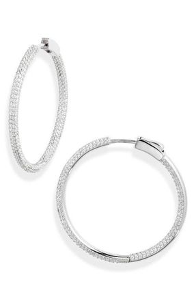 Nordstrom Crystal Pav&eacute; Inside Outside Hoop Earrings in Clear- Silver at Nordstrom