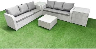 Fimous Outdoor Garden Furniture Sets 6 Seater Wicker Rattan Furniture Sofa Sets with Square Coffee Table high Back Lounge Sofa Side Table Light Grey - Fimous
