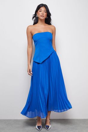 Warehouse Womens Bandeau Bodice Pleated Chiffon Midi Dress - Blue - Size 14 UK