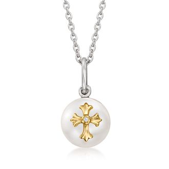 Ross-Simons 8.5-9mm Cultured Pearl Cross Pendant Necklace With Diamond Accent in 14kt Yellow Gold and Sterling Silver