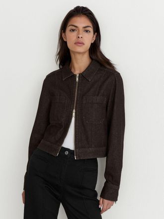 Reiss Dark Grape Cropped Zip-through Denim Jacket, 18