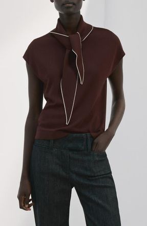 Mango Bert Tie Neck Top in Chocolate at Nordstrom, Size X-Large