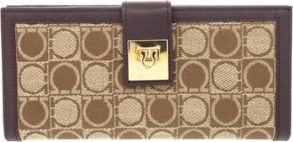 Ferragamo Beige Brown Jacquard Leather Long Wallet (Tri-Fold) (Pre-Owned)