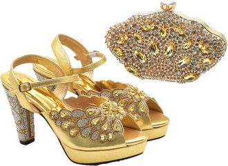 Generic Womens Peep Toe Thin Heels Shoes Matching Flower Evening Handbag Set Sparkly Rhinestone Big Crystal Decoration Gold
