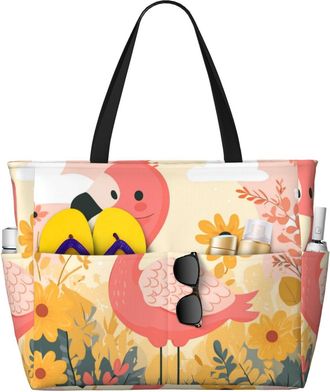 Generic Pink Flamingo Print Large Beach Bag Foldable Travel Shoulder Tote Bag With Pocket For Weekender Pool Vacation