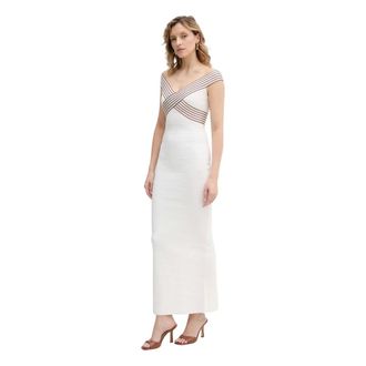 Elisabetta Franchi Lange gebreide jurk met gestreepte banden - Dames - Jurken - Beige - Maat: S Leer