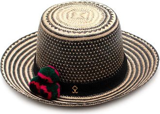 Yosuzi Striped Pom Pom Straw Fedora Hat