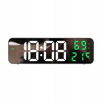 OEM Reloj De Pared Led Con Control De Temperatura Y Humedad (12/24 Horas), Espejo, Color Verde Y Regulador De Intensidad