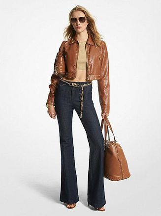 Michael Kors MK Astor Studded Faux Leather Moto Jacket - Luggage Brown - Michael Kors