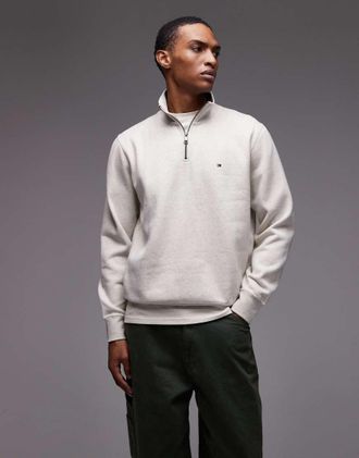 Tommy Hilfiger Essential - Felpa in pile color avena con logo e zip corta-Multicolore