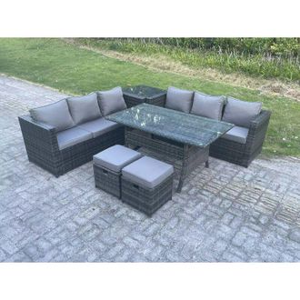 Fimous Pe Wicker Outdoor Garden Furniture Set Patio Rattan Rectangular Dining Table Lounge Sofa with 2 Small Footstool Side Table 8 Seater Dark Grey Mixed