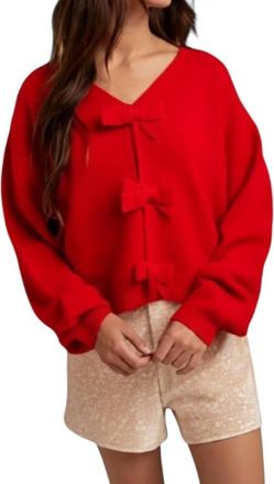 Wishlist Holly Bow Brushed Knit V-Neck Sweater In Red