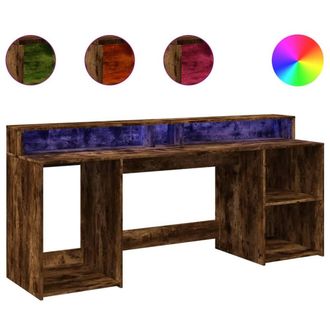 Berkfield Home Desk with LED Lights Smoked Oak 200x55x91 cm Engineered Wood in Brown | Size: 200 x 55 x 91 cm