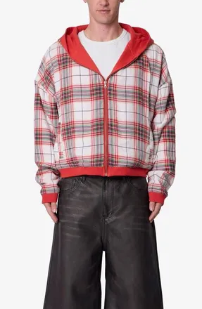 mnml Reversible Flannel Zip Hoodie in Red at Nordstrom, Size Xx-Large