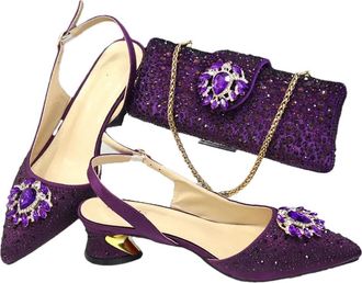 Generic Womens Shoes and Bag Set Sparkly Crystal Decoration Low Mid Heel Dress Pumps Matching Gold Chain Handbag