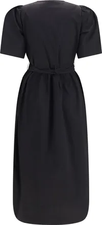 Ganni Womens Midi Dress With Bows And Puff Shoulders Black Cotton; Elastane