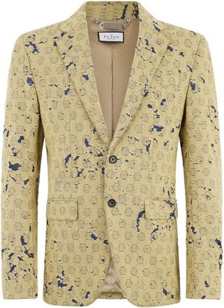 Philipp Plein Destroyed Denim Jacquard Blazer Monogram - Heren - Blazers - Beige - L - Denim - Jassen
