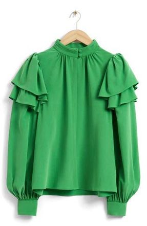 & Other Stories Mulberry Silk Ruffle Long Sleeve Button-Up Shirt in Green at Nordstrom Rack, Size 8