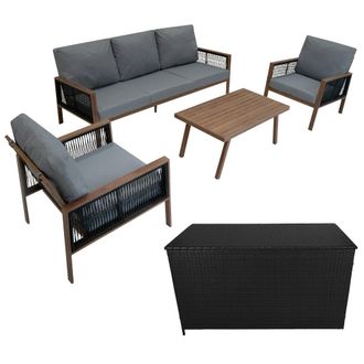 MonsterShop Aluminium 4 Piece Sofa Set with Black Rattan Storage Box - Wood Effect in Brown