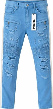 Preme Mens Distressed Moto Skinny Jeans In Baby Blue/white Stripe