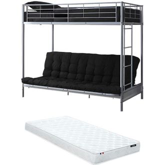 Vente-Unique Vente-unique - Letto a soppalco con divano letto 90 x 190 cm Metallo Argento + Futon + Materasso - modulo v