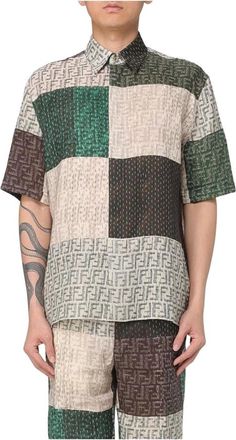 Fendi Overhemden, Heren, Veelkleurig, L, Linnen, Patchwork Shirt FF Motif Linnen