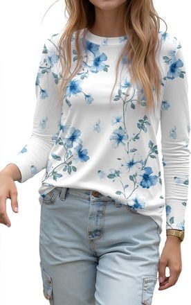 Generic Womens Long Sleeve Tops Loose Fit Spring for Women Casual Blouses 2026 Floral Summer Business Fashion Work Shirts(Blue,Medium)