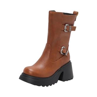 Generic Womens Retro Casual Mid Calf Boots Round Toe Super High Block Heel Platform With Side Zipper And Metal Decor