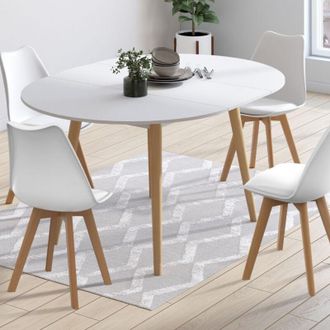 IDMarket Mesa De Comedor Redonda Extensible Angela Blanca Con Patas De Madera 110 - 150 Cm Y Juego De 4 Sillas Sara Blancas