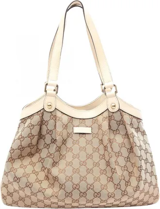 Gucci Beige White Canvas Leather Handbag Tote Bag (Pre-Owned)