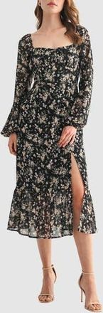 All in Favor Floral Long Sleeve Ruffle Hem Midi Dress in Black Pink Floral at Nordstrom Rack, Size X-Large