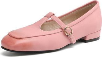 Generic Women Square Toe T Strap Mules Adjustable Buckle Open Heel Low Block Heel Gradient Toe Cap Smooth Upper Non Slip Comfortable Daily Shoes,Pink,4.5 UK