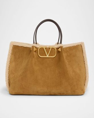 Valentino Garavani Medium Suede Shopping Bag with Shearling Lining