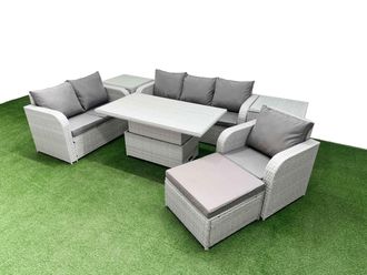 Fimous Patio PE Wicker 7 Seater Outdoor Rattan Furniture Sofa Sets w/ Adjustable Lifting Dining or Coffee Table Reclining Chair Loveseat Sofa 3