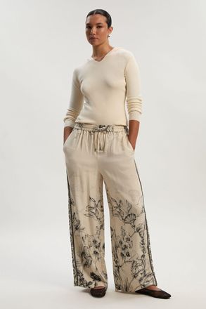 Karen Millen Womens Petite Viscose Linen Scenic Placed Print Woven Wide Leg Trousers - Monochrome Multi - Size 12 UK