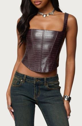 Edikted Shana Croc Embossed Faux Leather Corset Top in Brown at Nordstrom, Size X-Small