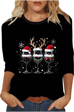 Generic Christmas Shirts for Women UK Funny Red Wine Glass Graphic Xmas Jumpers Cute Snowflake Print Ladies Tshirts 3/4 Sleeve Crew Neck Tunic Blouses Festiva