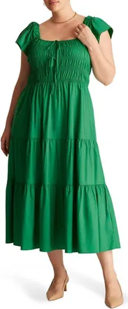 Estelle Alana Smocked Fit & Flare Cotton Tiered Midi Dress in Emerald at Nordstrom, Size 20W