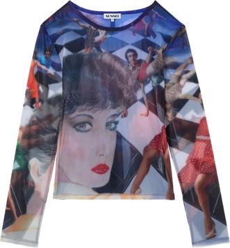Sunnei Top semi trasparente con stampa Brigitte - Blu