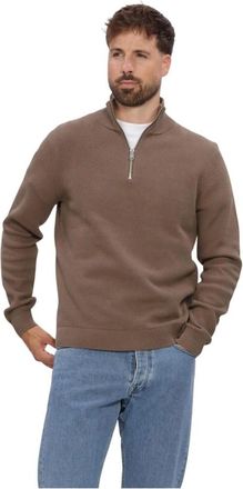 Selected Slhdane LS Knit Structure Half Zip - Heren - V-hals truien - Bruin - XL - Katoen - Truien & Vesten