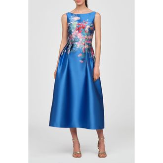 Kay Unger Dina Placed Floral Mikado Cocktail Dress in Oxford Blue at Nordstrom, Size 10