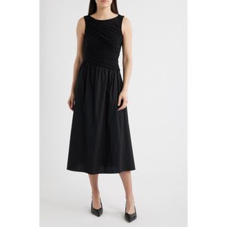 Vince Camuto Ity Ruched Bodice Mixed Media Midi Dress in Black at Nordstrom, Size 10