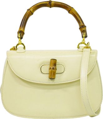 Gucci Vintage Convertible Bamboo Top Handle Bag Leather Beige Leather Handbag (Pre-Owned)
