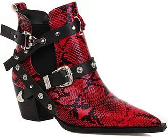 Generic Womens Ankle Boots Snakeskin Print Multi Buckle Studded Pointed Toe Block Heels Comfortable Non Slip Durable for Party Night Out Street Fashion,Red,9.